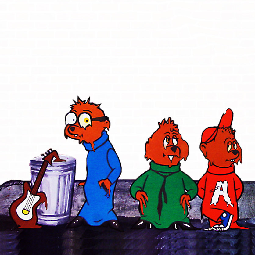 a hand-drawn illustration of 3 chipmunks, standing next to a rubbish bin with a sludgy guitar melting on it