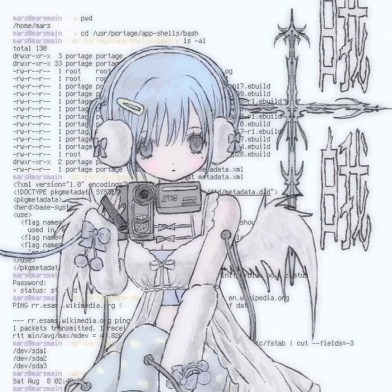 the album art for a recent 111loggedin / xxenaa mix. a bash terminal with some random commands occluded by an anime angel holding a JVC camcorder