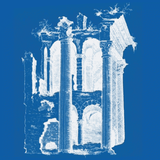 a blue square with a white illustration of some ruined pillars and bricks in the center