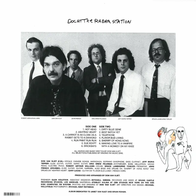 the back album art for doc at the radar station. a monochrome portrait of the band wearing white shirts and ties. black text on a solid white background with the title and tracklisting.