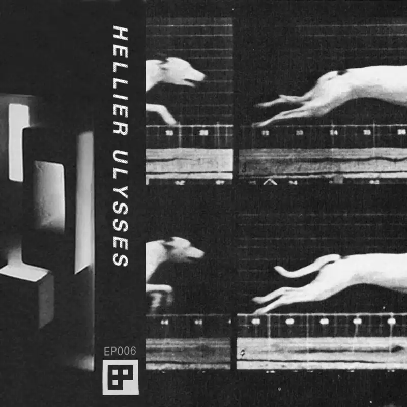 the album art for the hellier ulysses self titled put out by the studio egg paper. it features the name of the band and some cropped film frames of a running dog