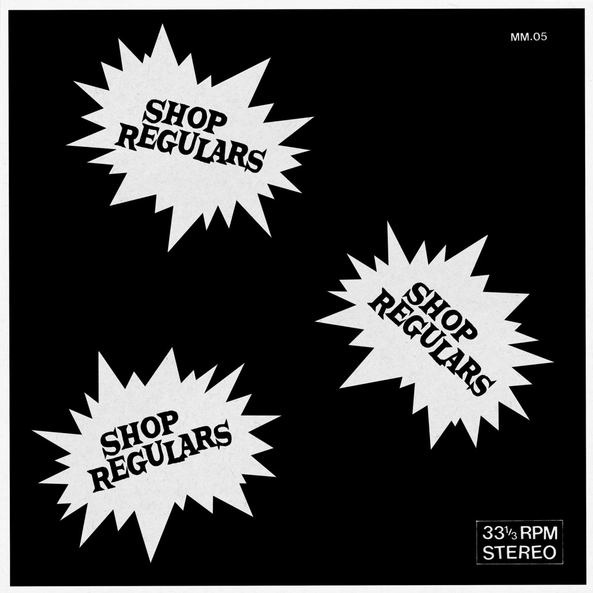 the cover art for the shop regulars self-titled. a black background with the words 'shop regulars' placed three times in spikey white clouds