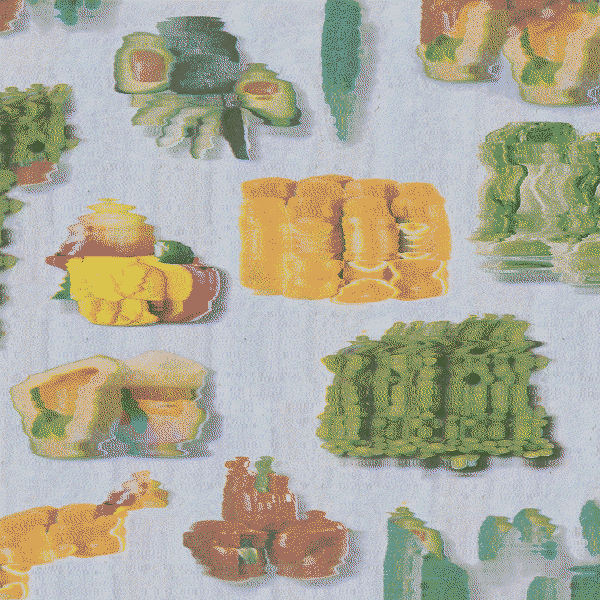 the cover art for the album 'ascension' by the artist 'groceries' - featuring brightly coloured photos of fruit that have been sheared by rolling shutter distortion
