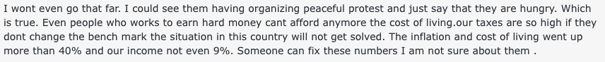 A reddit comment reading: 'I wont even go that far. I could see them having organizing peaceful protest and just say that they are hungry Which is true. Even people who works to earn hard money cant afford anymore the cost of living.our taxes are so high if they dont change the bench mark the situation in this country will not get solved. The inflation and cost of living went up more than 40% and our income not even 9%. Someone can fix these numbers I am not sure about them .'