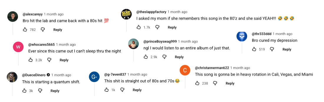a collage of approving youtube comments left on the rubberz music video.