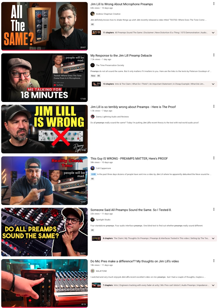 A gallery of youtube thumbnails responding to Jim's video with titles like 'This guy is WRONG' and 'Jim Lill is so terribly wrong'