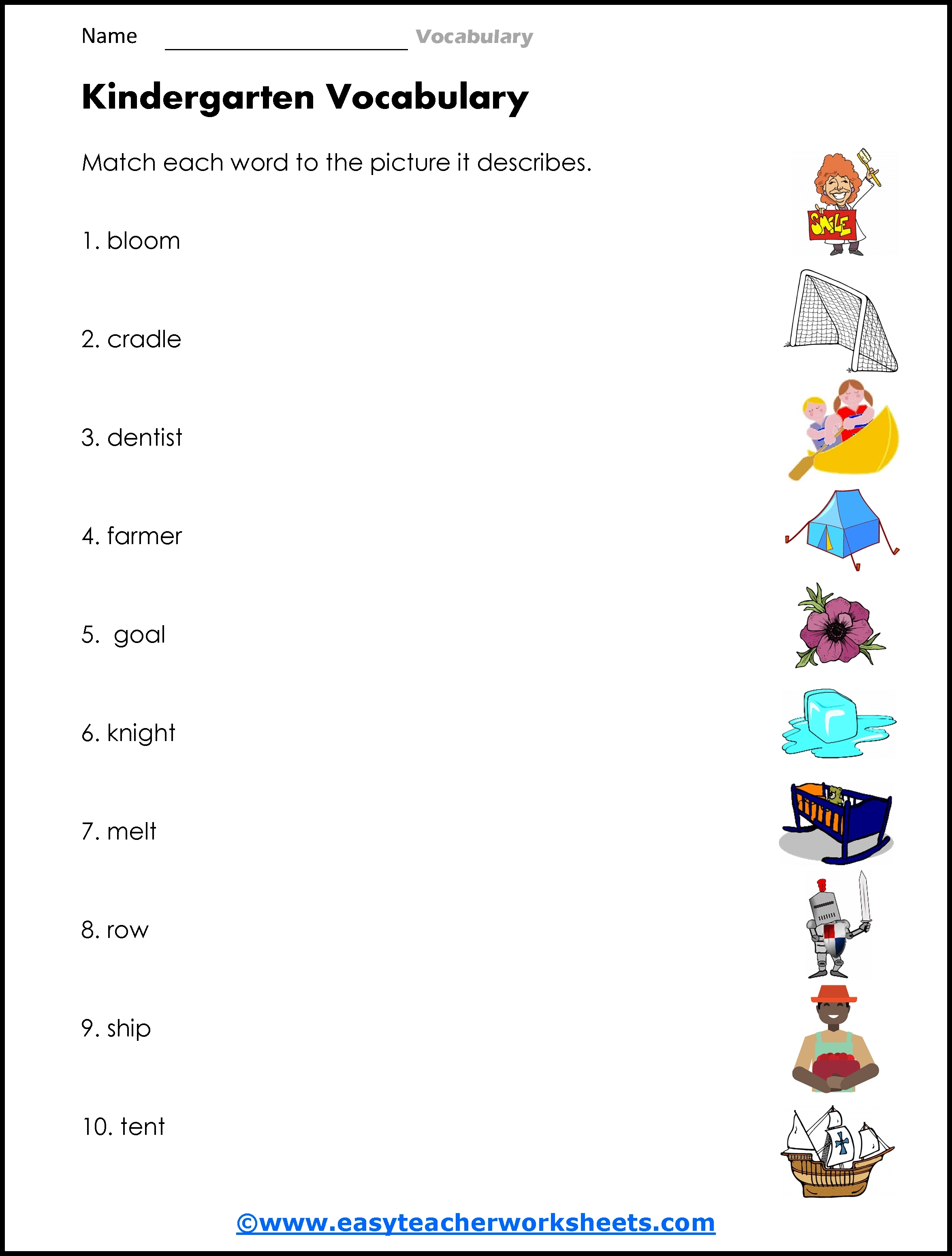 a kindergarten worksheet with 10 basic words on the left and 10 pictures on the right that you have to match by connecting the lines