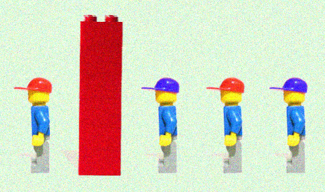 four lego men standing in a line