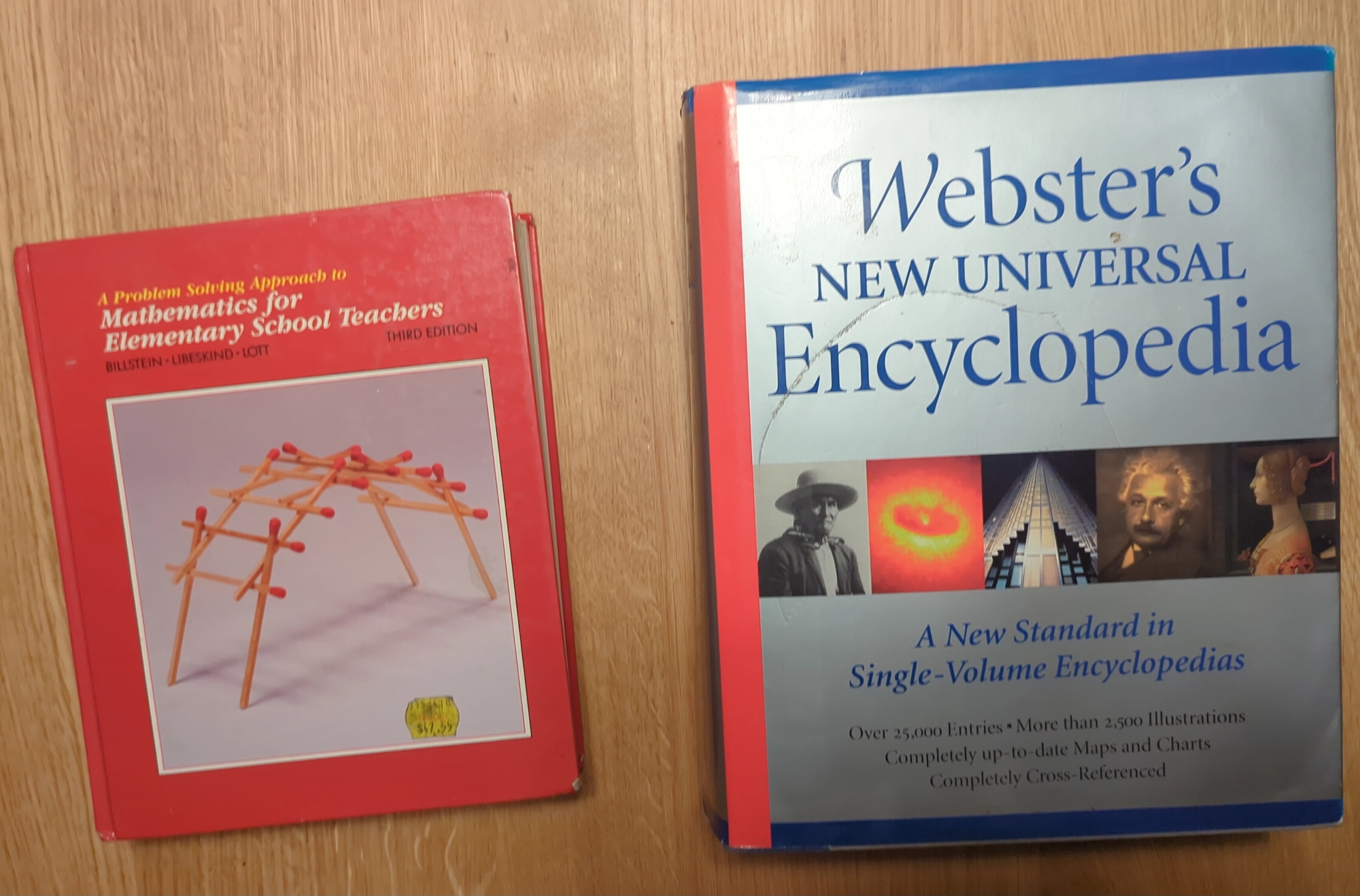 Two hardcover books. The one on the left is red with a picture of a matchstick bridge on its cover. The other is silver with a strip of photos featuring portraits and various scientific phenomena.