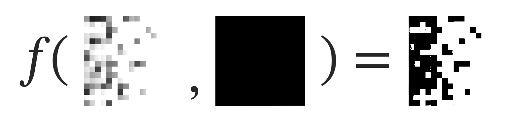 Three squares side-by-side. The left square is the result of the previous color-dodge example: gray pixels randomly scattered on the left. The middle square is black. The right square is the result of color-burn blending the two: a square where all the non-white pixels have turned black.