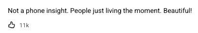 A youtube comment: 'Not a phone insight. People just living the moment. Beautiful!'