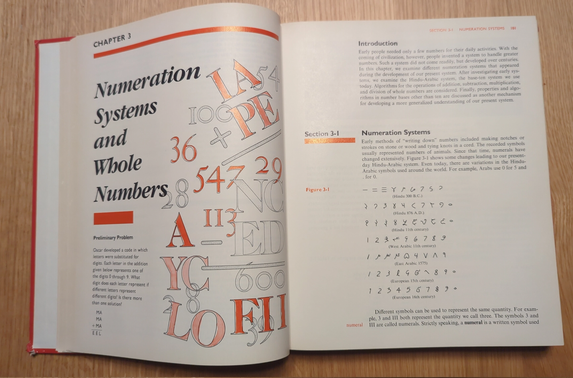 Two open pages of a maths textbook on the beginning of a chapter on numeration systems.
