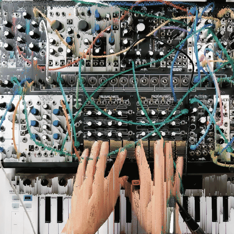 a glitched out top down image of a modular synthesizer with two hands tweaking its knobs