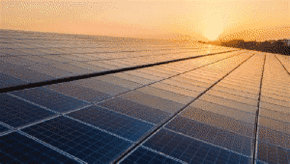 a sun setting on solar panels, very pixelated with a 16 bit colour palette
