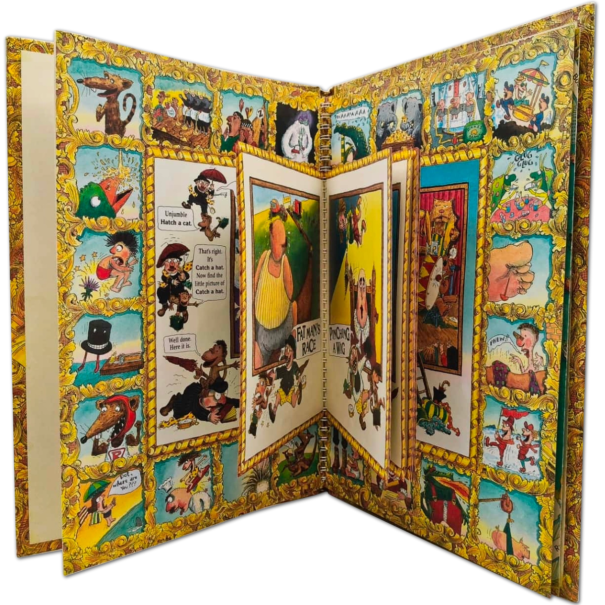 An open book. In the center is an illustration of a fat man running. Around the edge of the page are many smaller illustrations, one of which is a rat flexing its muscles.