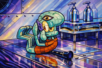 squidward doing the future pose, but with a style transfer from 'a single piece of american cheese'