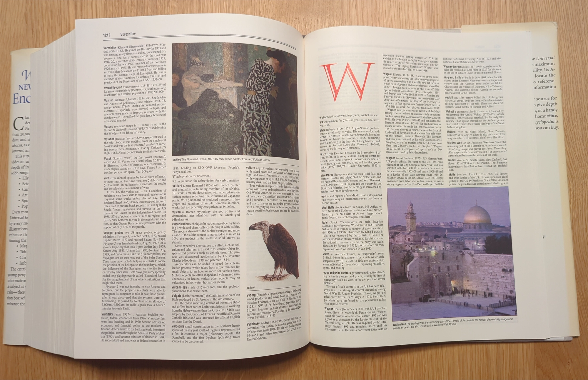 The end of the V section and beginning of the W section of an encyclopedia. Between thousands of densely packed words, there’s a print of a Vullard painting, a photo of a vulture, and a photo of the Wailing Wall.