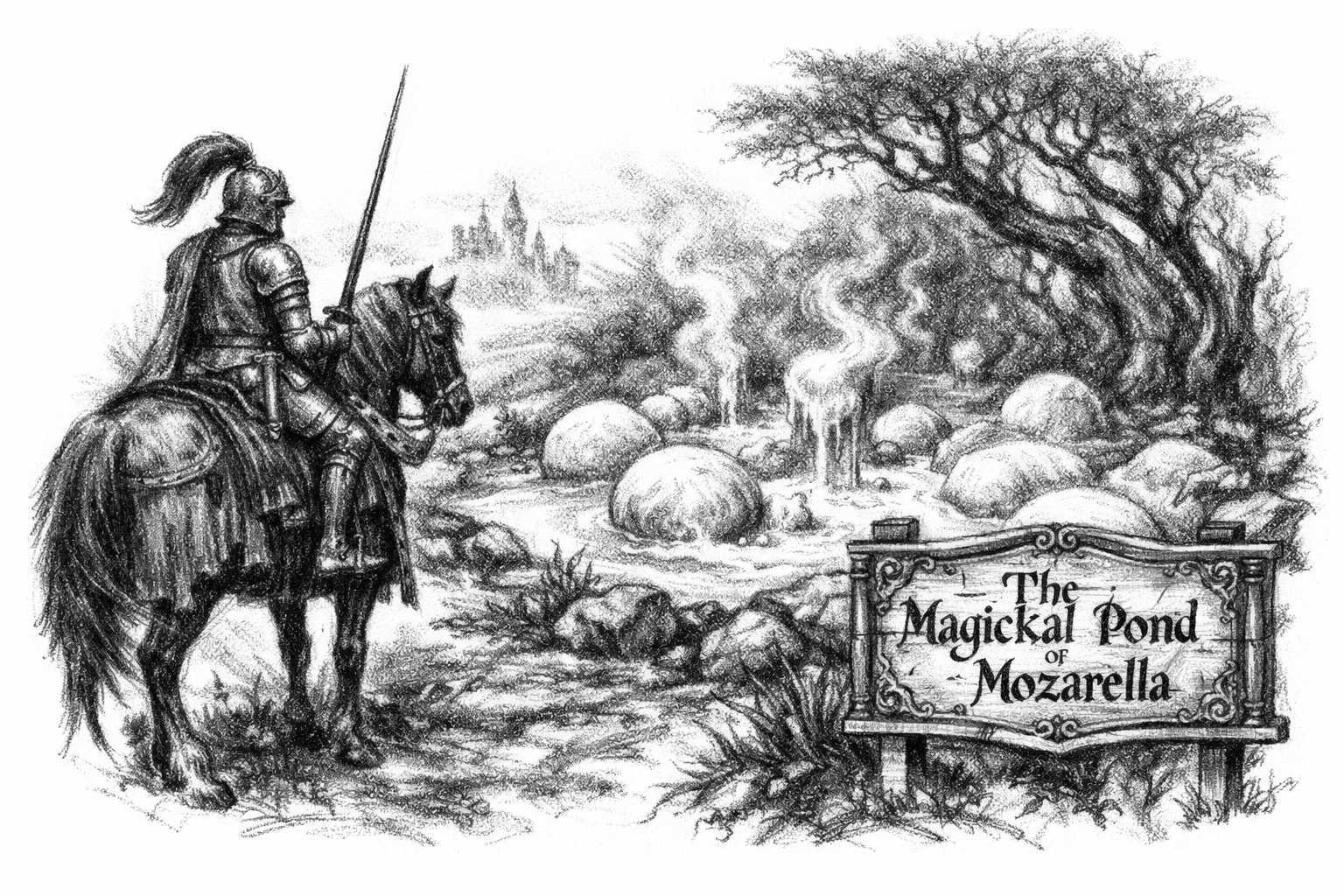 A charcoal illustration of a knight atop a horse. Before him lies a pond of cheese curds, signposted: 'The Magickal Pond of Mozzarella'